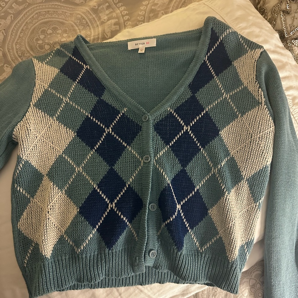 Better Be Women's Blue and Cream Argyle Cardigan